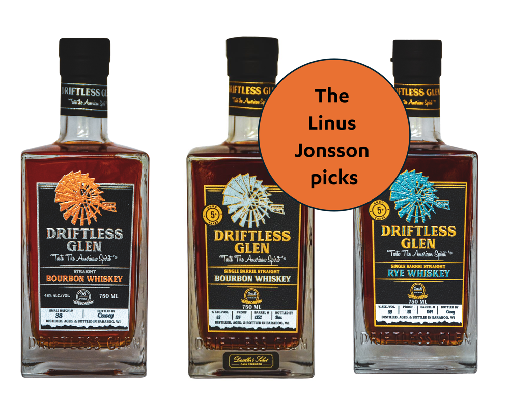 Driftless Glen ”Linus picks” - Small batch bourbon and favorite Cask strength picks of bourbon & rye: Driftless Glen - Single Barrel Straight Bourbon - Cask Strength - Nordic Barrel #04, Driftless Glen - Single Barrel Straight Rye - Cask Strength - Nordic Barrel #05, Driftless Glen - Straight Bourbon Whiskey - Small Batch