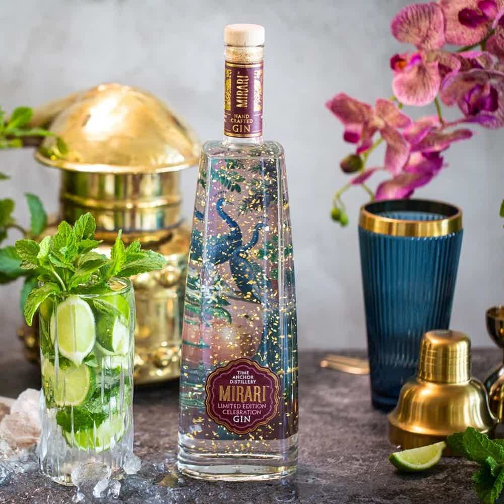 Mirari Celebration Gin infused with 23-carat gold flakes.