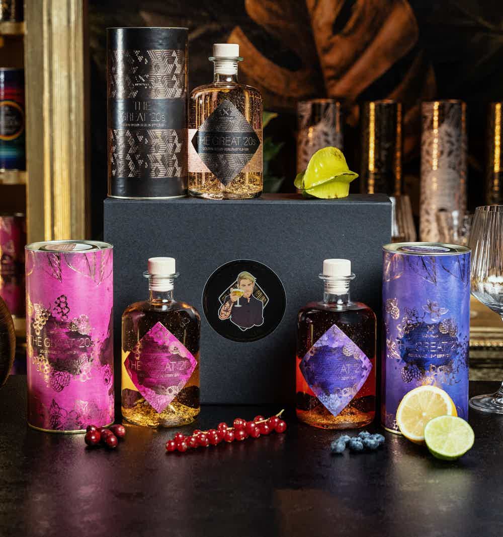 The Great Trio, Berry Gin Gift Set: The Great '20s Golden-Berry-Berlin-Style Gin, The Great '20s Golden-Sunrise-Berry Gin, The Great '20s Golden-Midnight-Berry Gin