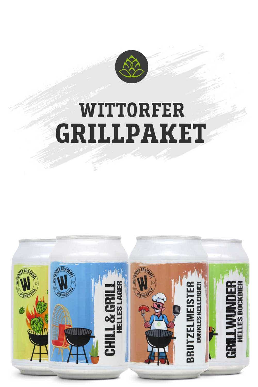 Wittorfer Grill-Geschenkbox 4x0,33l: Wittorfer Grillwunder Helles Bockbier 0,33l, Wittorfer Chill & Grill Helles Lager 0,33l, Wittorfer Hopfenfeuer Pale Ale 0,33l, Wittorfer Brutzelmeister Dunkles Kellerbier 0,33l