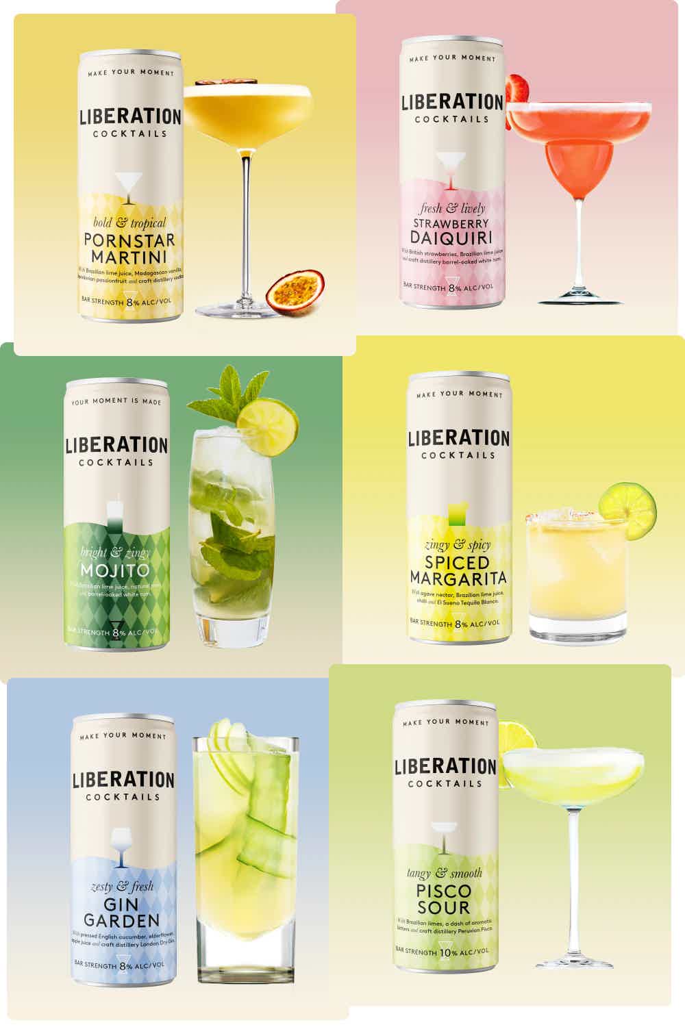 Liberation Tasting Kit: Gin Garden, Spiced Margarita, Pisco Sour, Mojito, Strawberry Daiquiri, Pornstar Martini