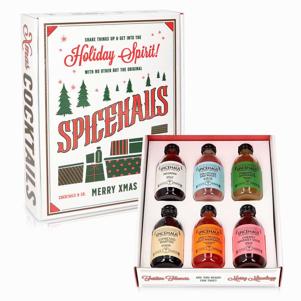 The Tropical Christmas Box: Pineapple Margarita 200 ml, Gin Lychee and Roses 200 ml, Cherry Whiskey Sour 200 ml, Espresso Martini 200 ml, Spicehaus - Negroni 200 ml, Spicy Passion Fruit Margarita 200 ml