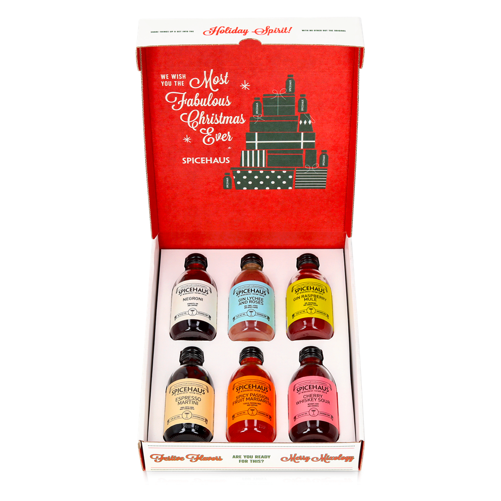 Merry Christmas box: Spicehaus - Negroni 200 ml, Gin Lychee and Roses 200 ml, Gin Raspberry Mule 200 ml, Cherry Whiskey Sour 200 ml, Spicy Passion Fruit Margarita 200 ml, Espresso Martini 200 ml