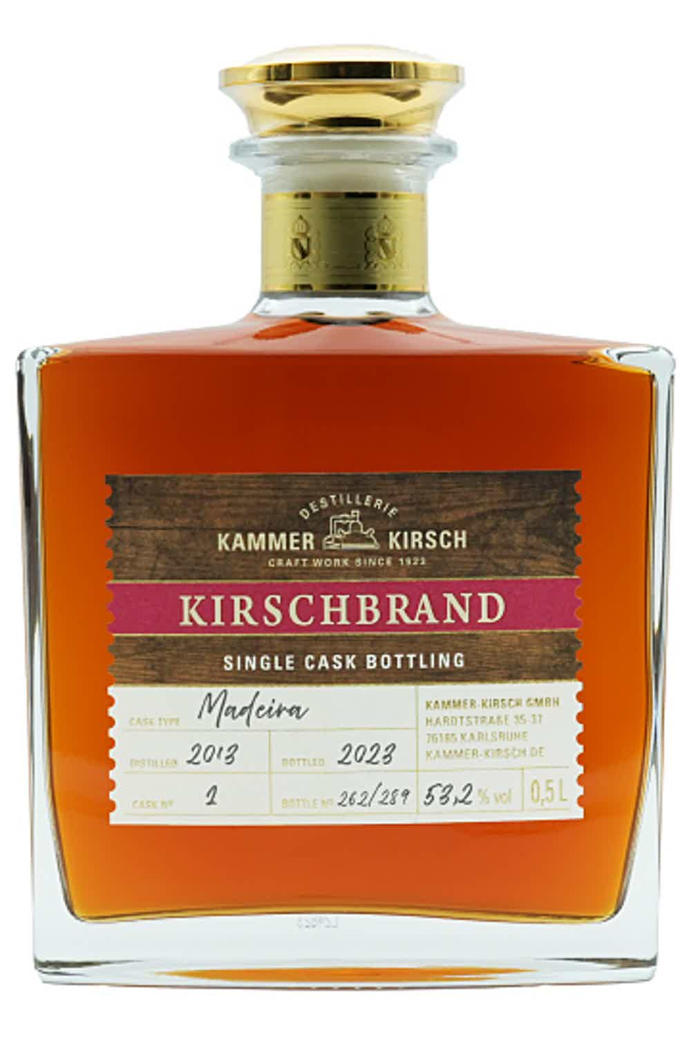 Kirschwasser 10 years aged in a Single Madeira Cask (Fruit Brandy distilled from Cherries and aged) 53.2% 0.5L, Spirits