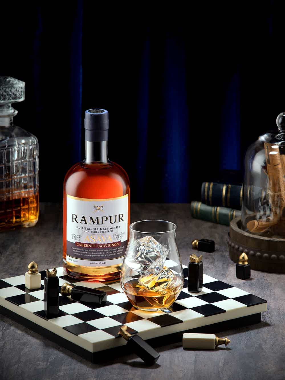 ASAVA with canister: ASAVA canister, Rampur ASAVA Indian Single Malt Whisky