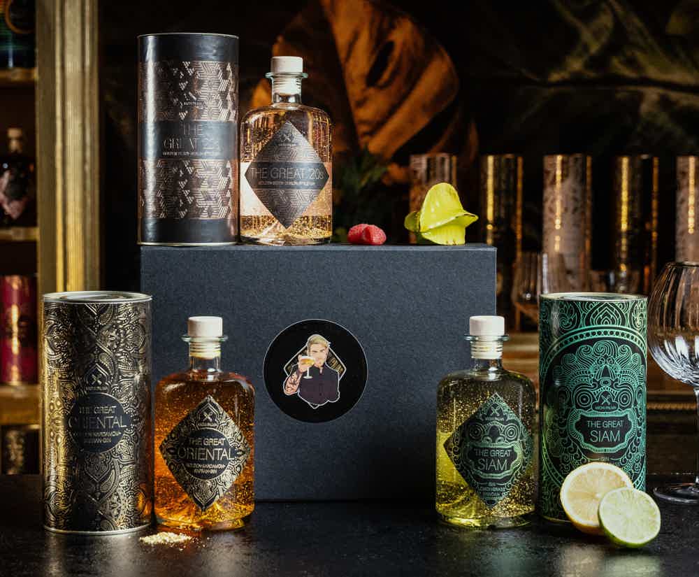 The Great Trio, Classic Gin Gift Set: The Great '20s Golden-Berry-Berlin-Style Gin, The Great Siam Lemongrass-Pandan Gin, The Great Oriental Golden-Cardamom-Saffron Gin