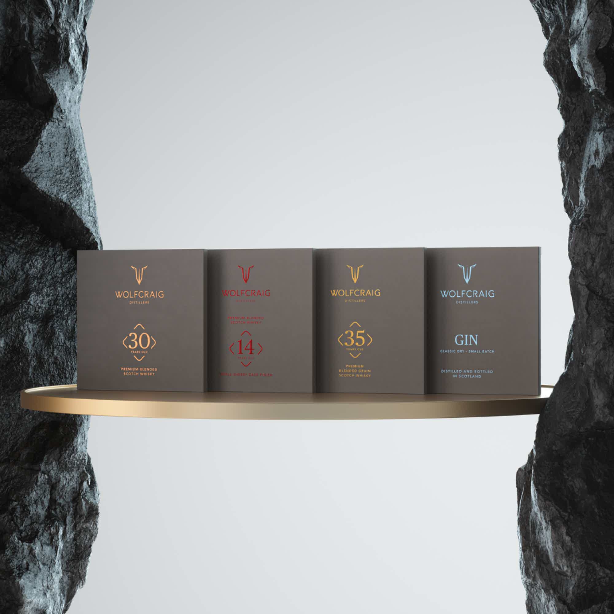 Wolfcraig Luxury Collection: Wolfcraig 35 Year Old Blended Grain Pouch, Wolfcraig 14YO Blend Pouch, Wolfcraig Gin Pouch, Wolfcraig 30 Year Old Premium Blend Pouch