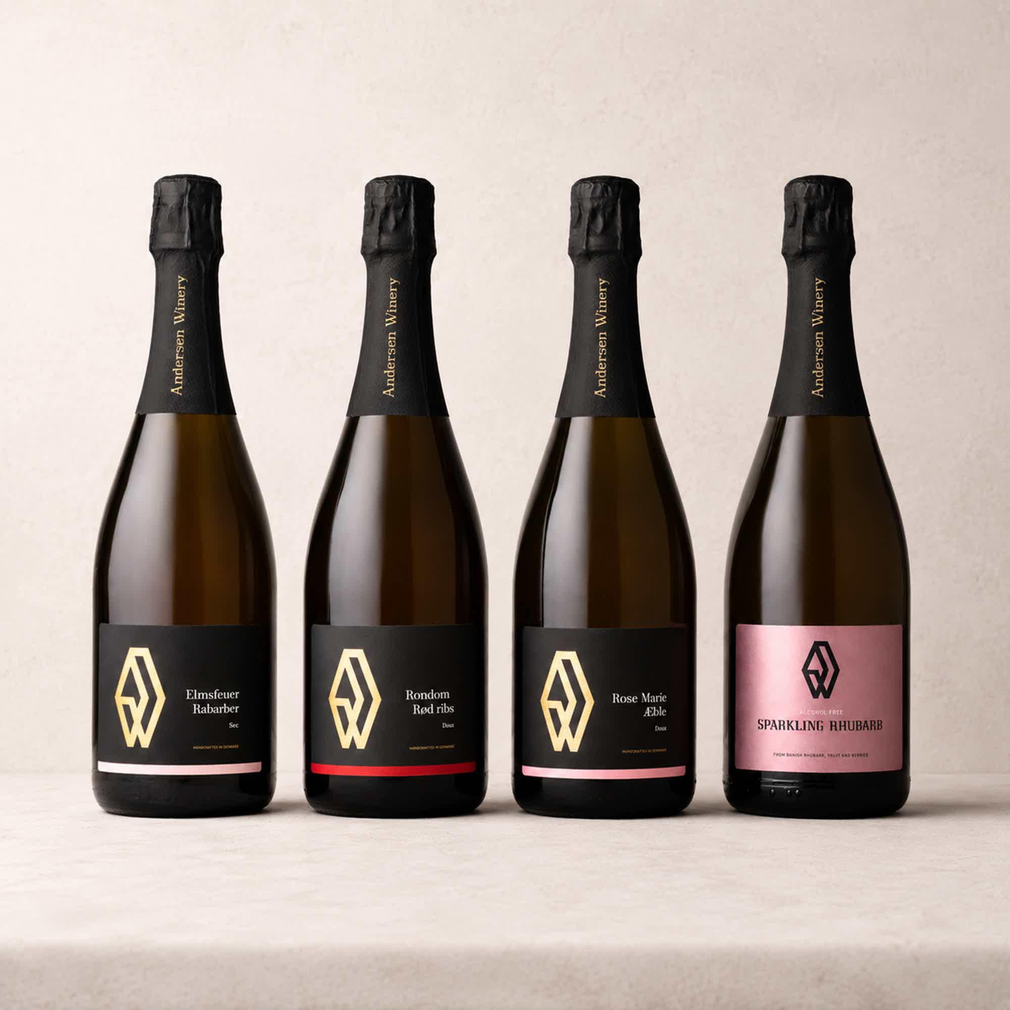 4 mousserende roséer: Elmsfeuer 2024, Rose Marie 2024 ØKO (110900), Rondom 2024 ØKO (050900), Sparkling Rhubarb - Alcohol Free