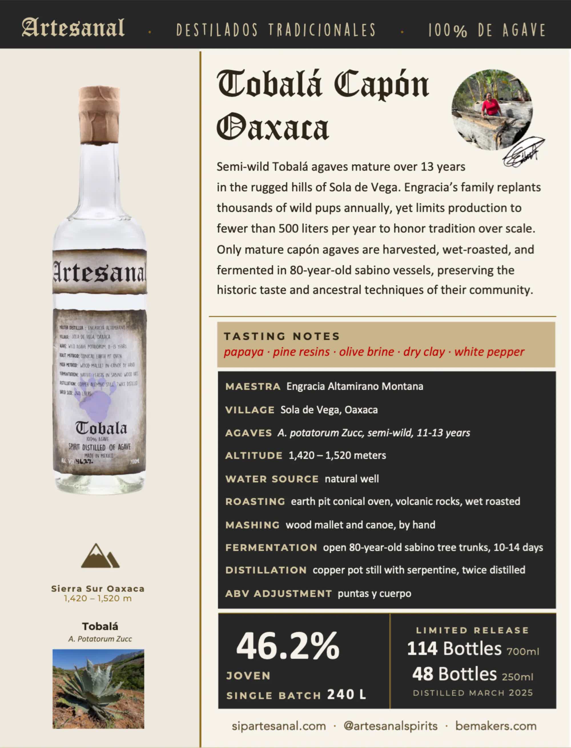Artesanal Tobala Destilado de Agave Tradicional 46.2% 0.7L, Spirits