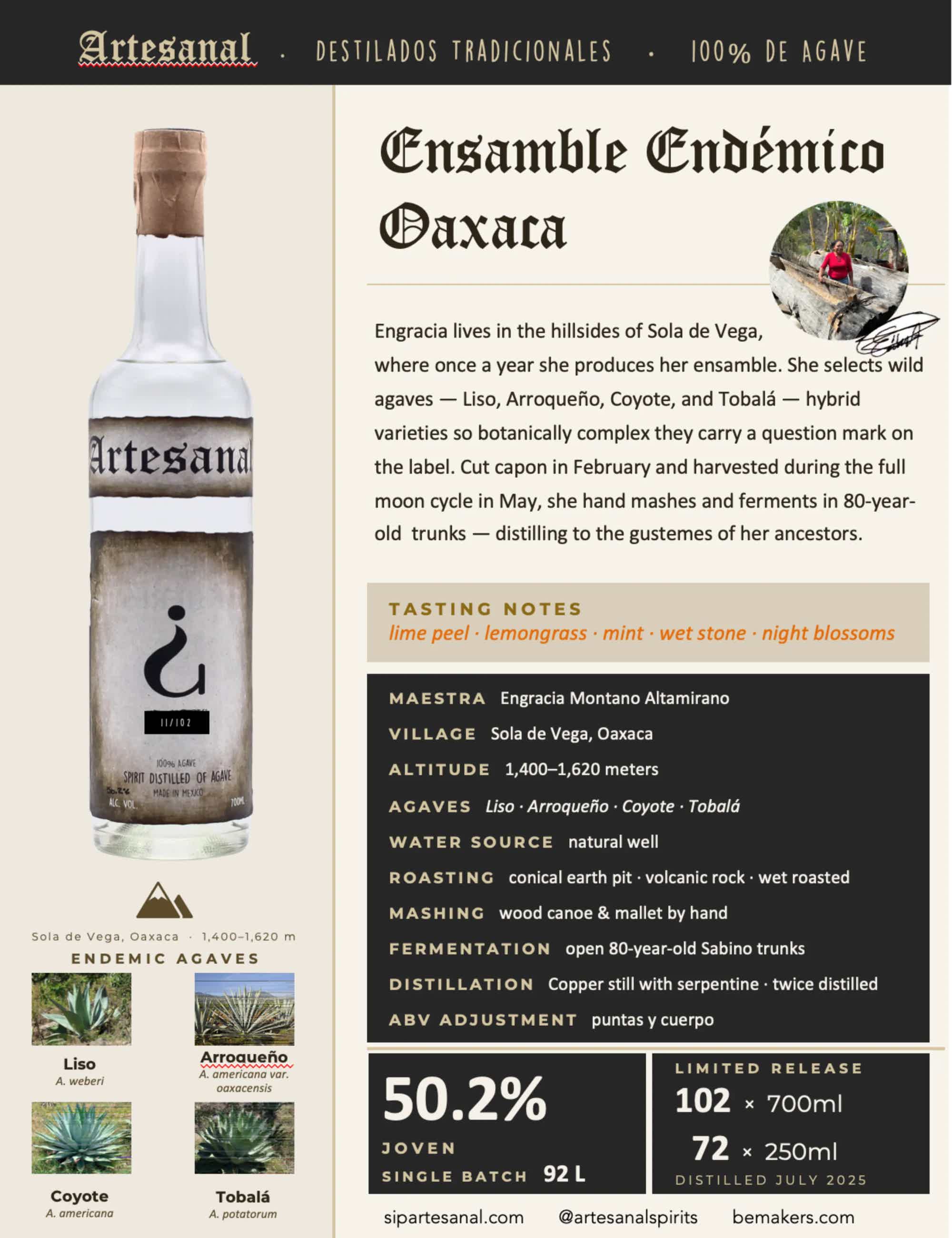 Artesanal Ensamble Endemico Destilado de Agave Tradicional 50.2% 0.7L, Spirits