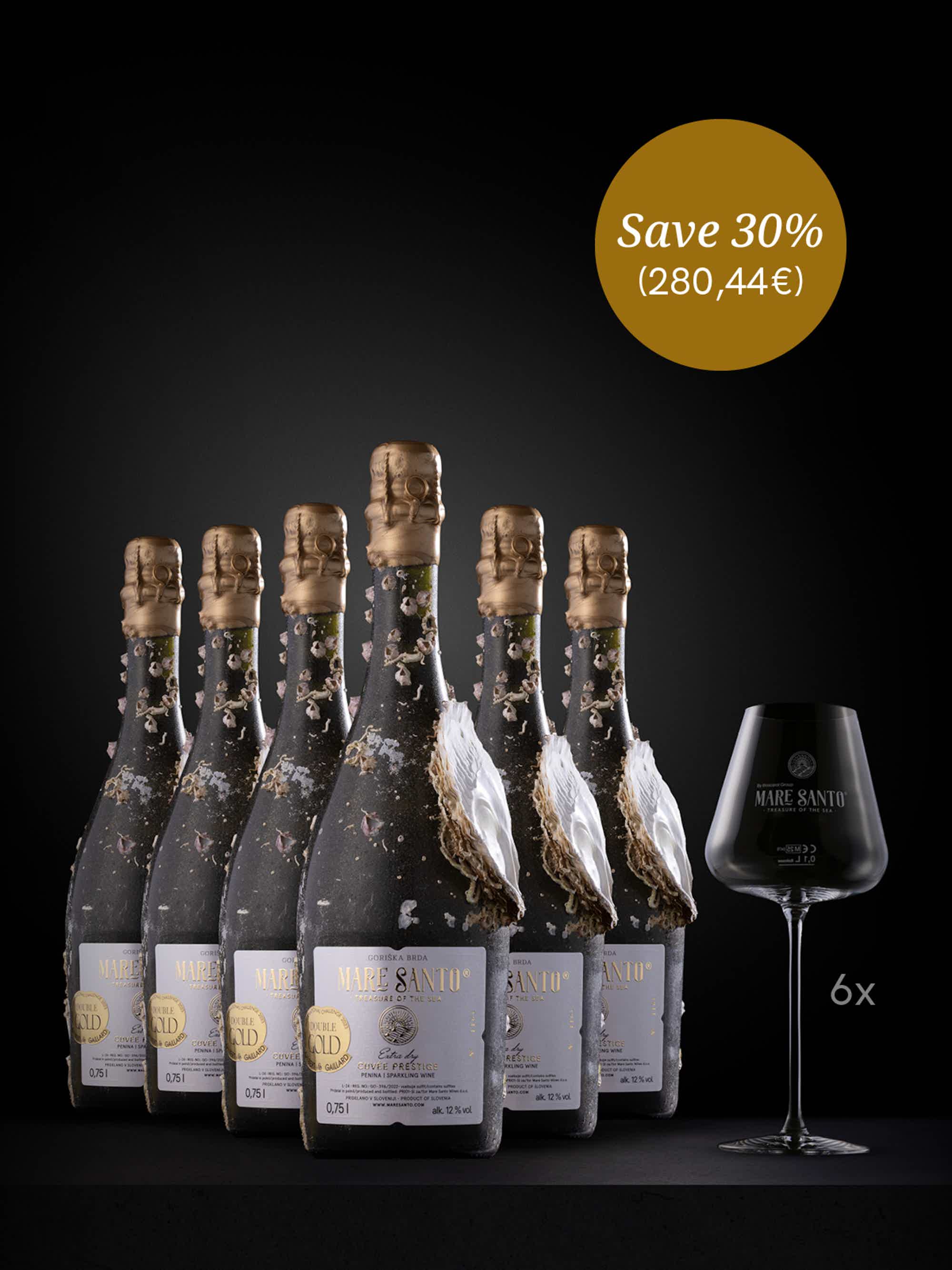 MARE SANTO CUVEE PRESTIGE 6 bottles + SET OF 6 UNIQUE SPARKLING WINE GLASSES: MARE SANTO SET OF 6 UNIQUE SPARKLING WINE GLASS, Mare Santo Sparkling wine Cuveé Prestige