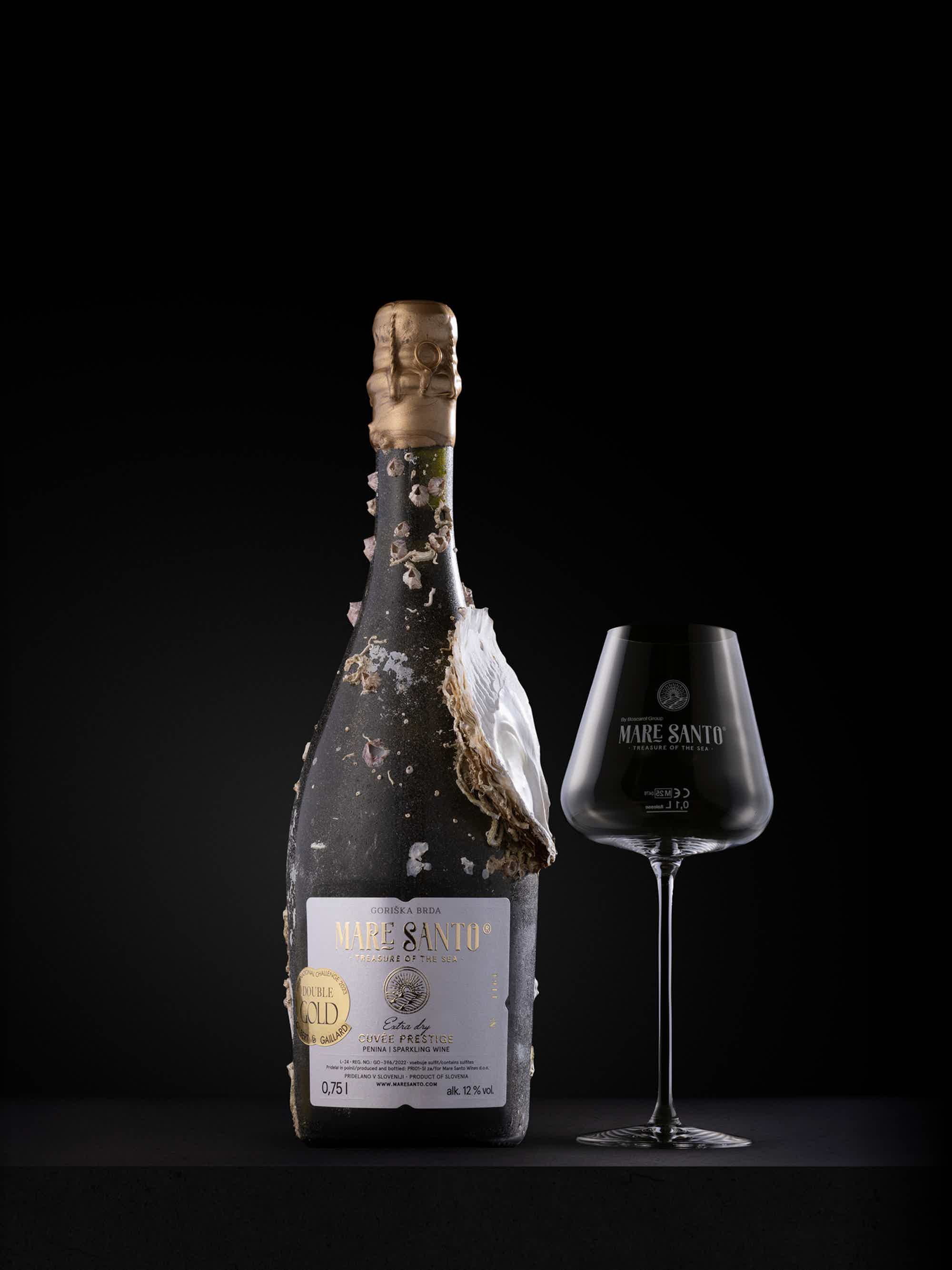 MARE SANTO CUVEE PRESTIGE & SET OF 6 SPARKLING WINE GLASSES: MARE SANTO SET OF 6 UNIQUE SPARKLING WINE GLASS, Mare Santo Sparkling wine Cuveé Prestige