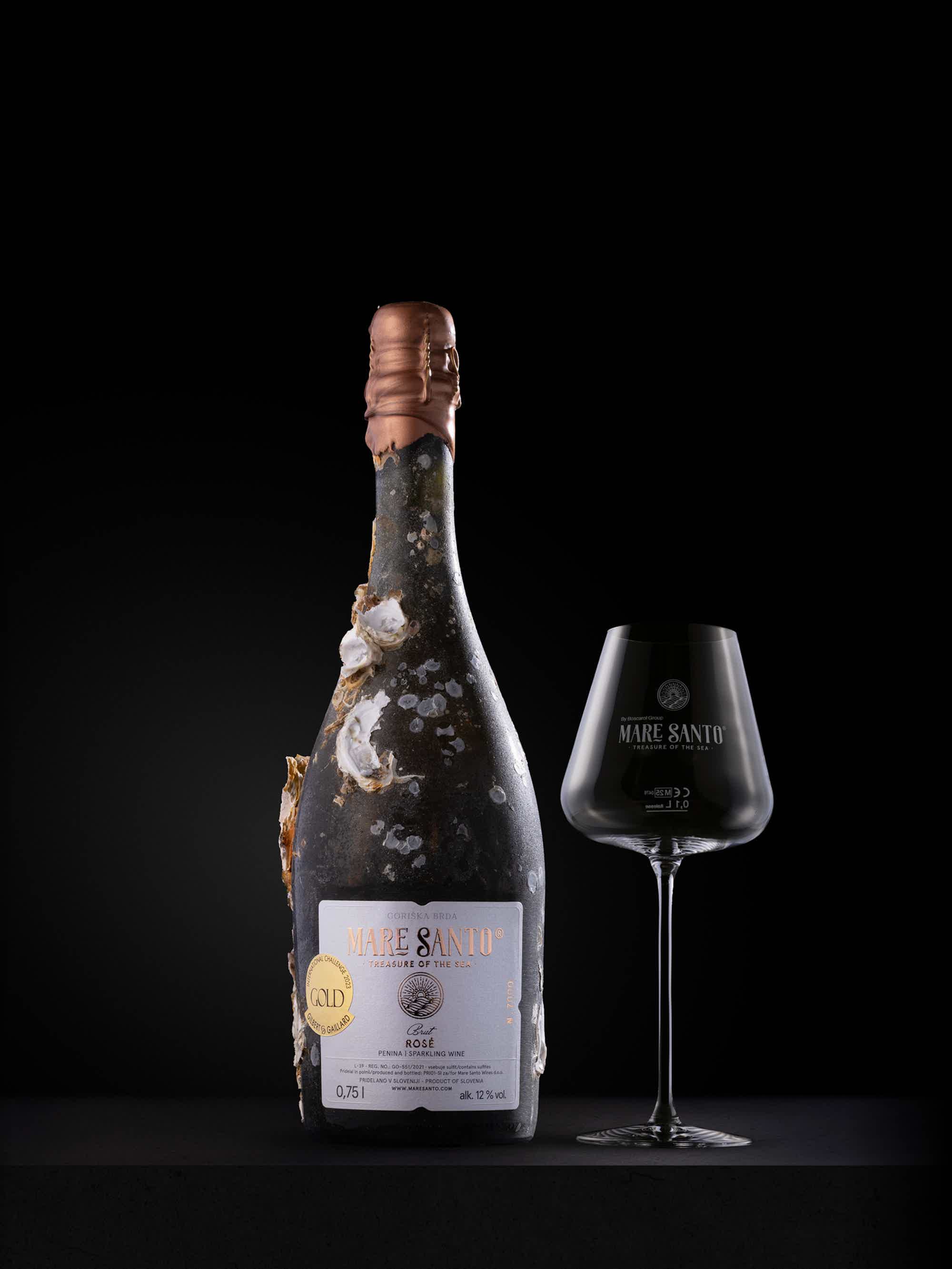 MARE SANTO ROSE + SET OF 6 UNIQUE  SPARKLING WINE GLASSES: Mare Santo Sparkling wine Rosé, MARE SANTO SET OF 6 UNIQUE SPARKLING WINE GLASSESES