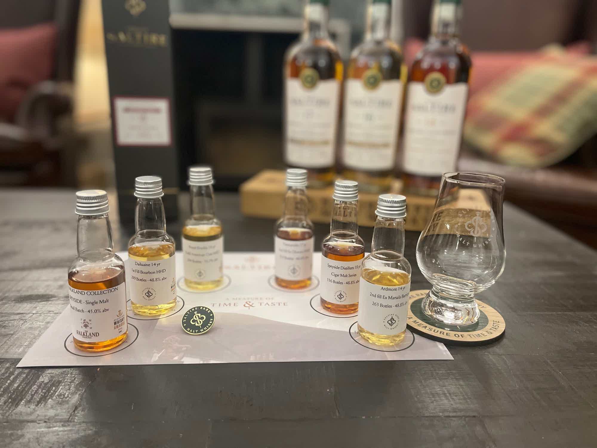 Saltire Rare Malt, Intro Tasting Pack: Royal Brackla 17yo 5cl Mini, Tamnavulin 17yo 5cl Mini, Cigar Malt, Speyside, 18yo, 5cl Mini, Ardmore 14yo, 5cl Mini, Falkland Speyside 5cl, Dailuaine 14yo 5cl mini