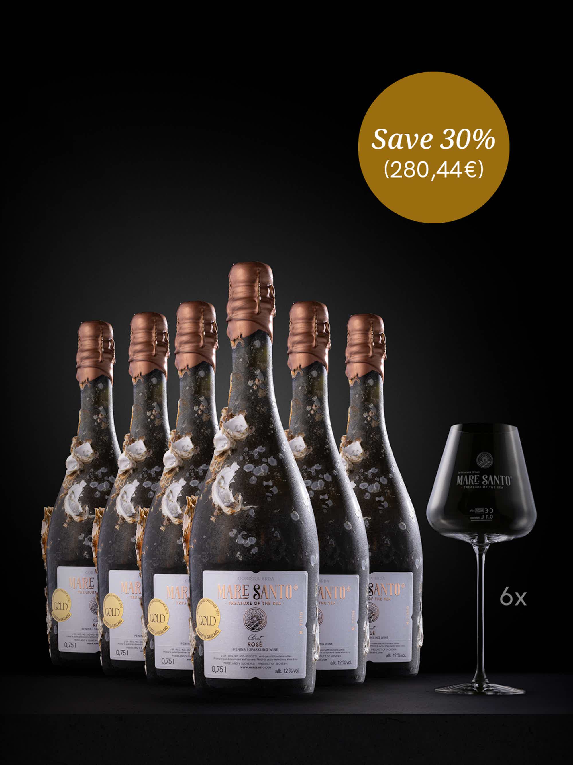 MARE SANTO ROSE 6 bottles & SET OF 6 SPARKLING WINE GLASSES: MARE SANTO SET OF 6 UNIQUE SPARKLING WINE GLASS, Mare Santo Sparkling wine Rosé