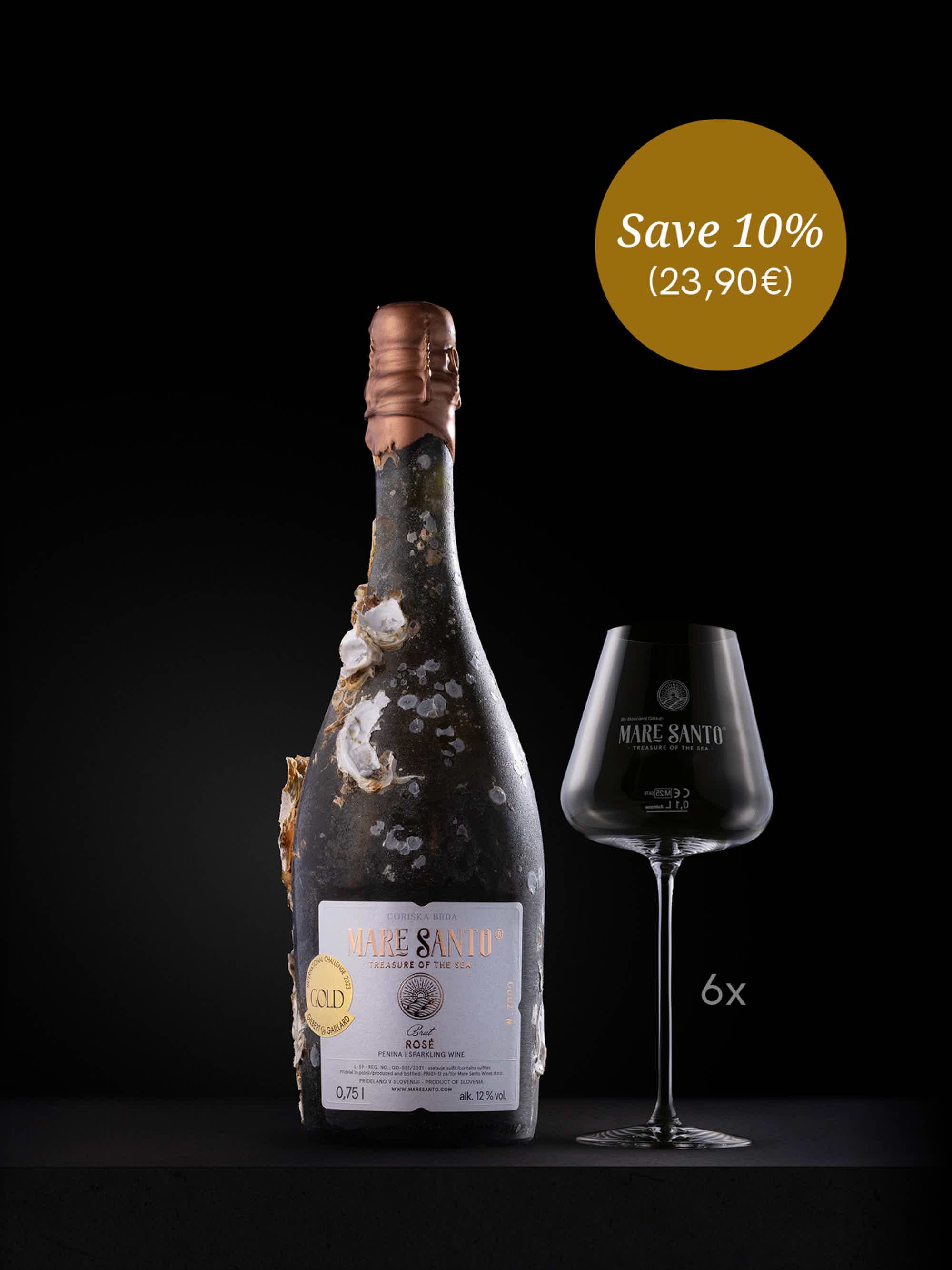 MARE SANTO ROSE + SET OF 6 UNIQUE  SPARKLING WINE GLASSES: Mare Santo Sparkling wine Rosé, MARE SANTO SET OF 6 UNIQUE SPARKLING WINE GLASS