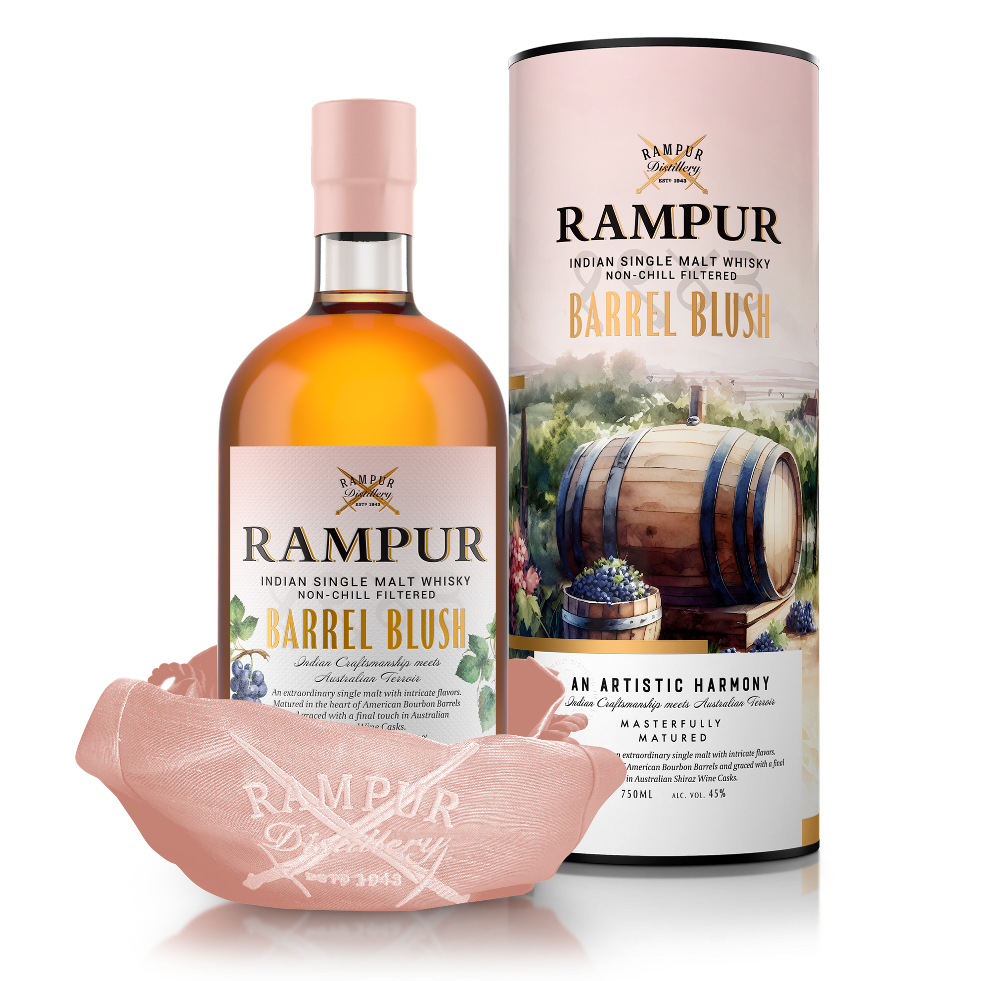 Rampur Barrel Blush Indian Single Malt Whisky + giftbox 45.0% 0.7L, Spirits
