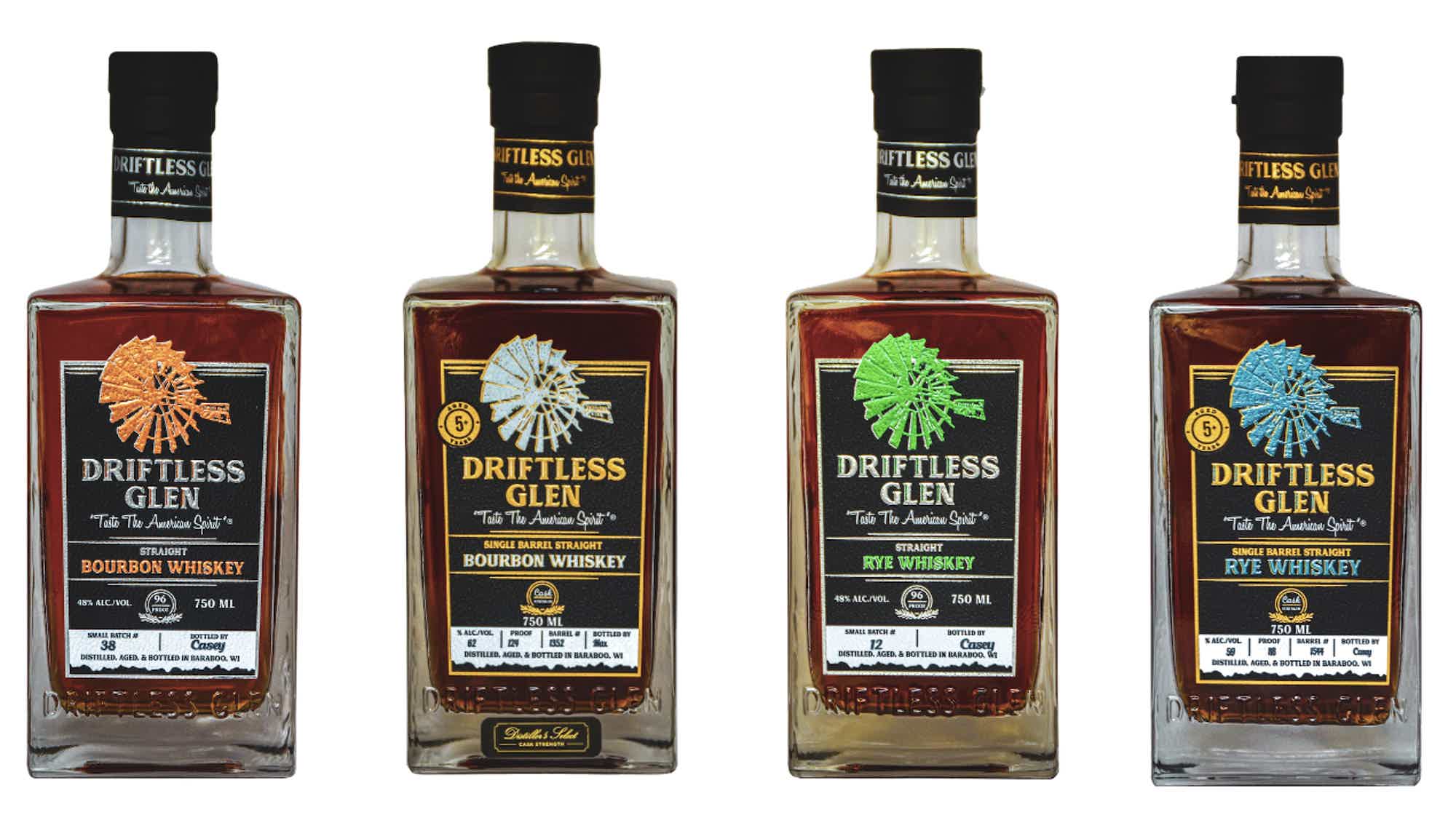 Driftless Glenn all products. Bourbon small batch and cask strength single barrel, Rye small batch and cask strength single barrel: Driftless Glen - Straight Bourbon Whiskey - Small Batch, Driftless Glen - Straight Rye Whiskey - Small Batch, Driftless Glen - Single Barrel Straight Bourbon - Cask Strength - Nordic Barrel #03, Driftless Glen - Single Barrel Straight Rye - Cask Strength - Nordic Barrel #06