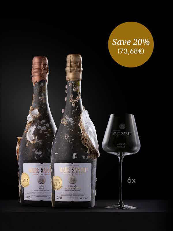 MARE SANTO ROSE & CUVEE PRESTIGE & SET OF 6 SPARKLING WINE GLASSES: Mare Santo Sparkling wine Rosé, MARE SANTO SET OF 6 UNIQUE SPARKLING WINE GLASS, Mare Santo Sparkling wine Cuveé Prestige