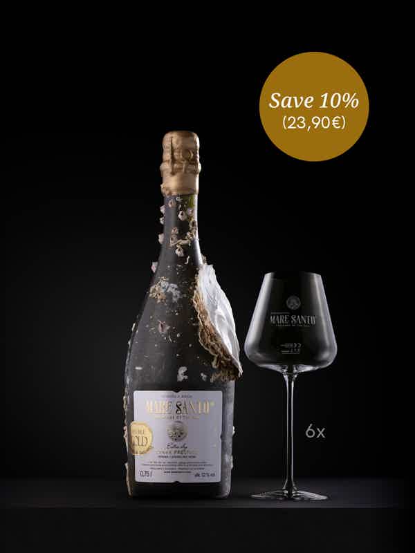 MARE SANTO CUVEE PRESTIGE & SET OF 6 SPARKLING WINE GLASSES: MARE SANTO SET OF 6 UNIQUE SPARKLING WINE GLASS, Mare Santo Sparkling wine Cuveé Prestige